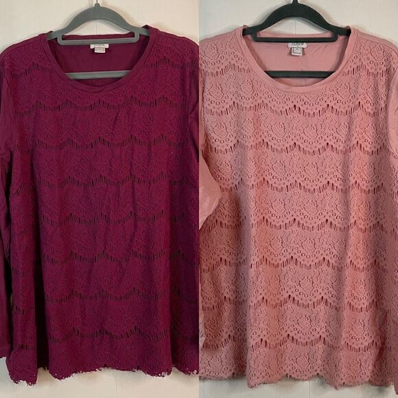 Set of 2 J. Crew Factory Pink Maroon Lace Tops - Picture 1 of 9
